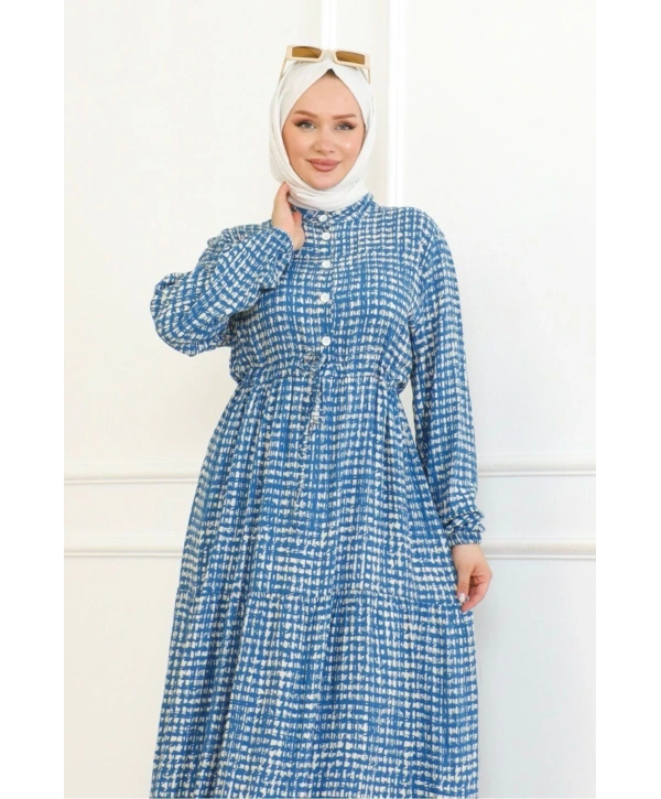 Desenli Viskon Elbise - Mavi