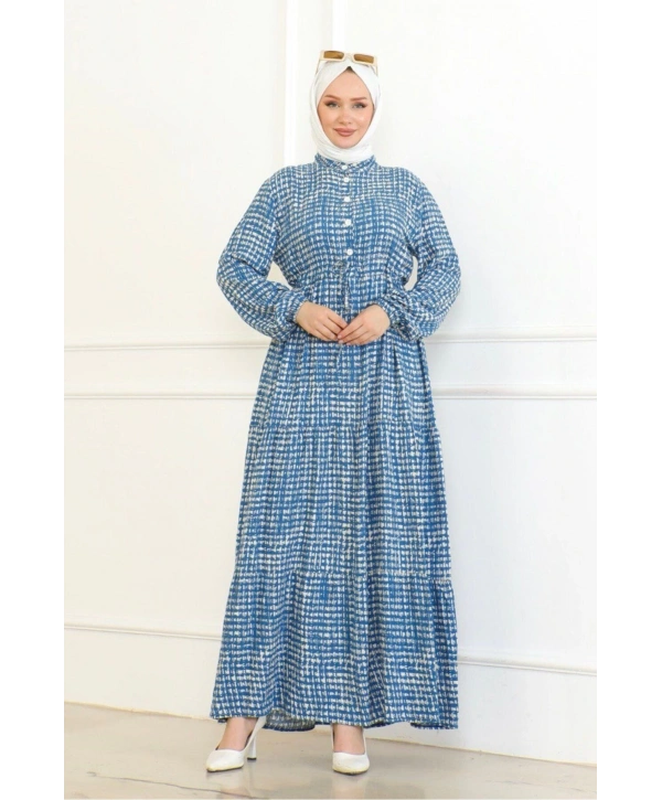 Desenli Viskon Elbise - Mavi