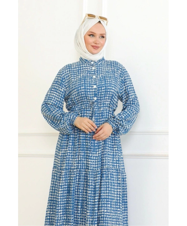 Desenli Viskon Elbise - Mavi