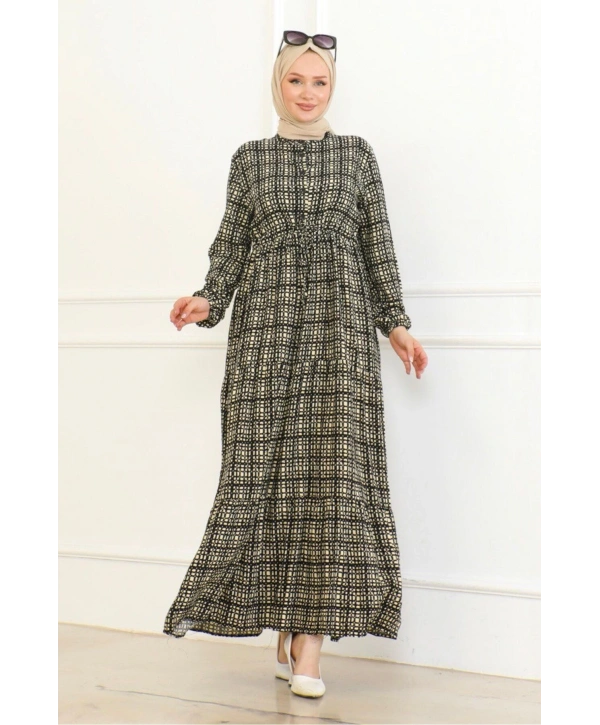 Desenli Viskon Elbise - Siyah/krem