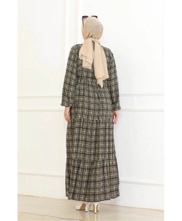 Desenli Viskon Elbise - Siyah/krem