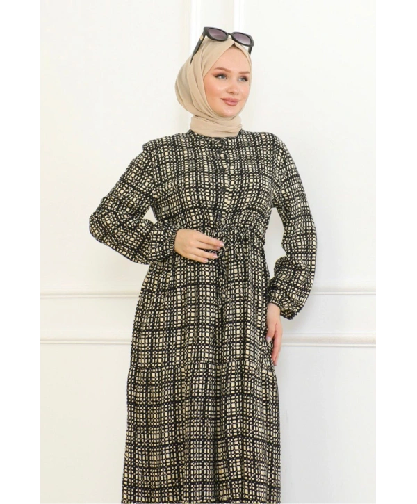 Desenli Viskon Elbise - Siyah/krem