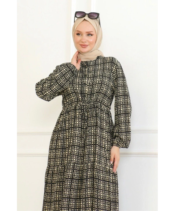 Desenli Viskon Elbise - Siyah/krem