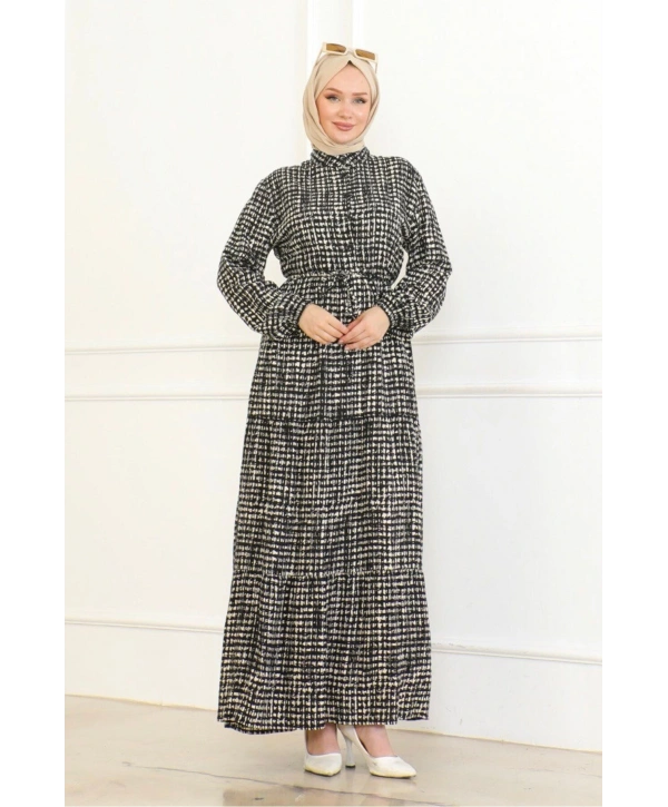 Desenli Viskon Elbise - Siyah/Beyaz