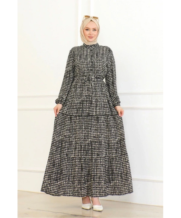 Desenli Viskon Elbise - Siyah/Beyaz