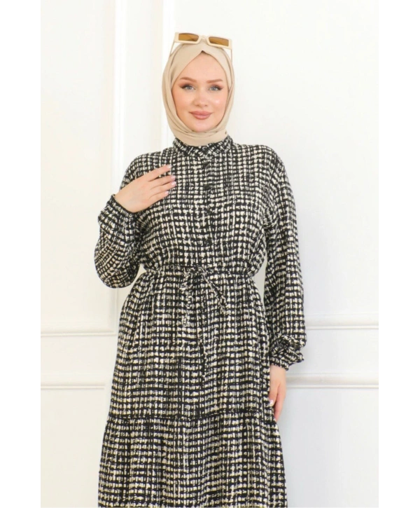 Desenli Viskon Elbise - Siyah/Beyaz