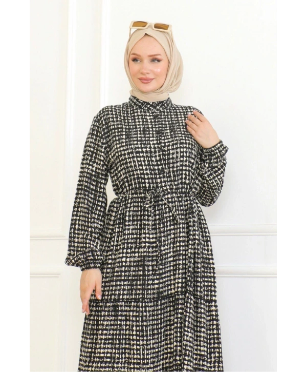 Desenli Viskon Elbise - Siyah/Beyaz