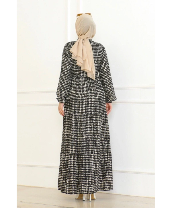 Desenli Viskon Elbise - Siyah/Beyaz