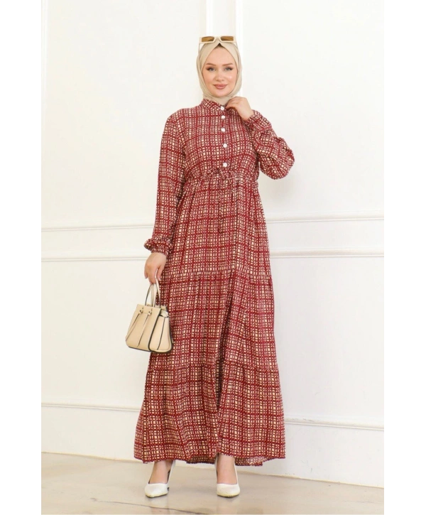 Desenli Viskon Elbise -Kiremit