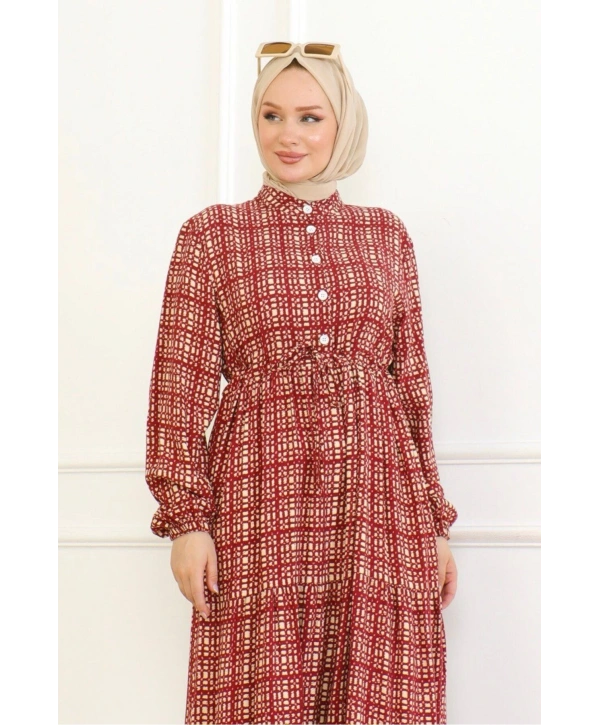 Desenli Viskon Elbise -Kiremit