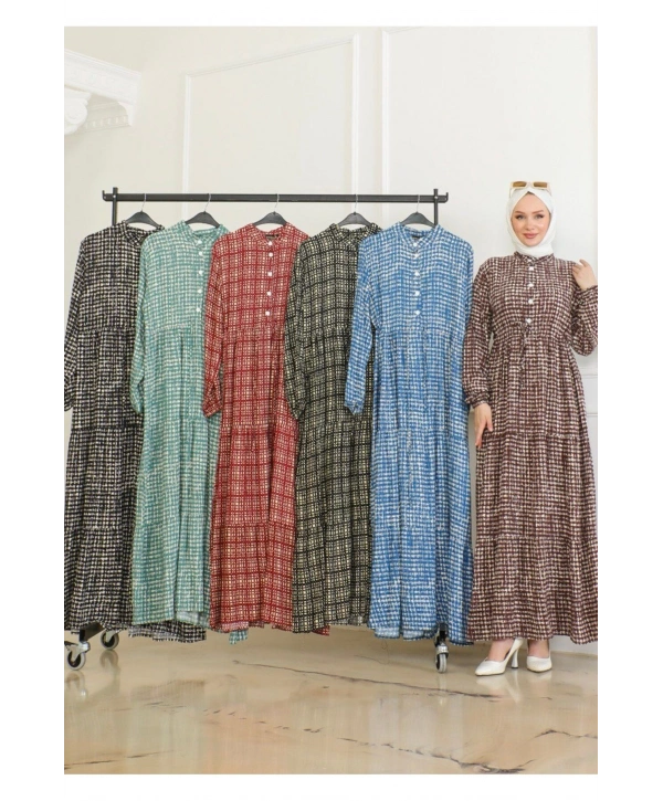 Desenli Viskon Elbise -Kiremit