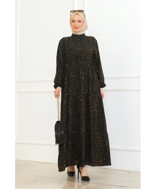 Desenli Viskon Elbise - Siyah/Hardal