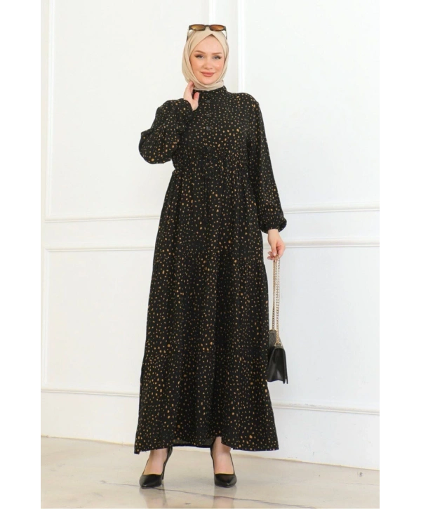 Desenli Viskon Elbise - Siyah/Hardal