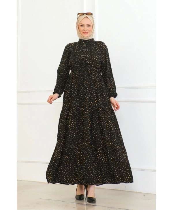 Desenli Viskon Elbise - Siyah/Hardal