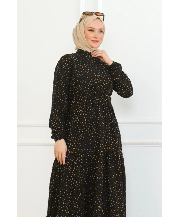 Desenli Viskon Elbise - Siyah/Hardal