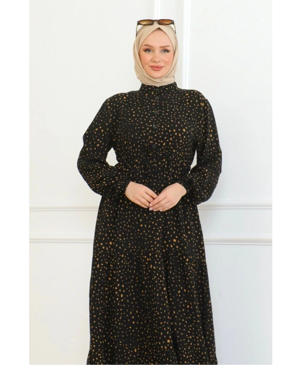 Desenli Viskon Elbise - Siyah/Hardal