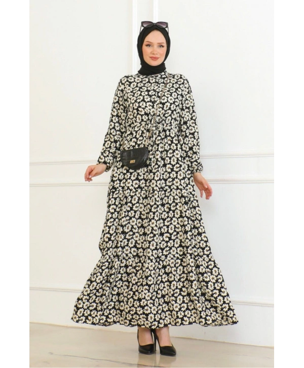 Çiçek Desenli Önü Bağlamalı Elbise / Siyah-sarı