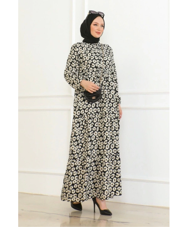 Çiçek Desenli Önü Bağlamalı Elbise / Siyah-sarı