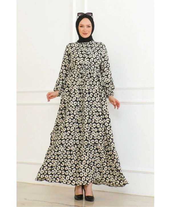 Çiçek Desenli Önü Bağlamalı Elbise / Siyah-sarı