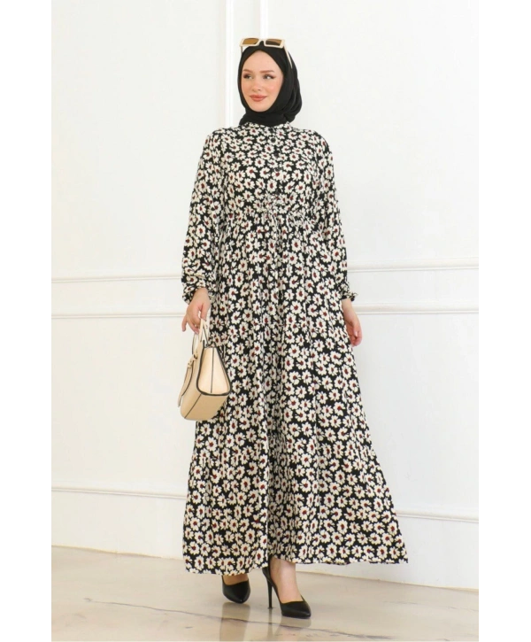 Çiçek Desenli Önü Bağlamalı Elbise / Siyah-kırmızı