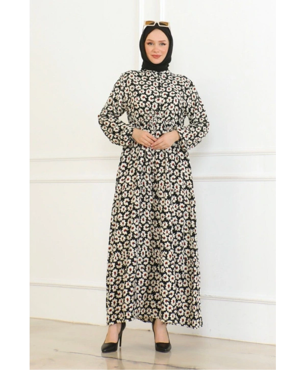 Çiçek Desenli Önü Bağlamalı Elbise / Siyah-kırmızı