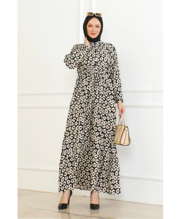 Çiçek Desenli Önü Bağlamalı Elbise / Siyah-kırmızı