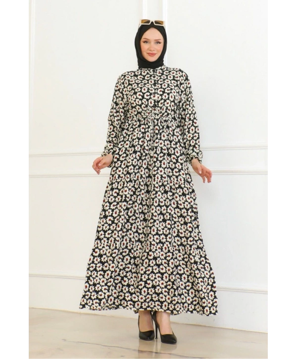 Çiçek Desenli Önü Bağlamalı Elbise / Siyah-kırmızı