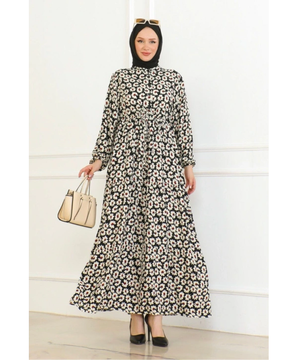 Çiçek Desenli Önü Bağlamalı Elbise / Siyah-kırmızı