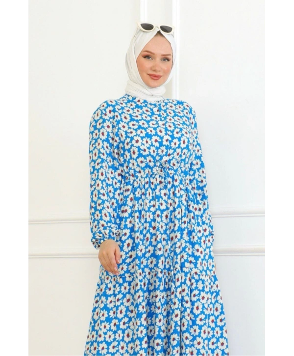 Çiçek Desenli Önü Bağlamalı Elbise / Mavi