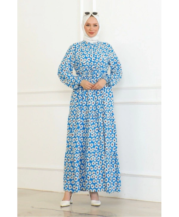 Çiçek Desenli Önü Bağlamalı Elbise / Mavi