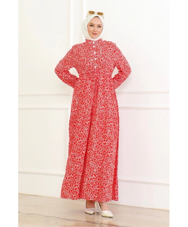 Papatya Desenli Viskon Elbise - Kırmızı
