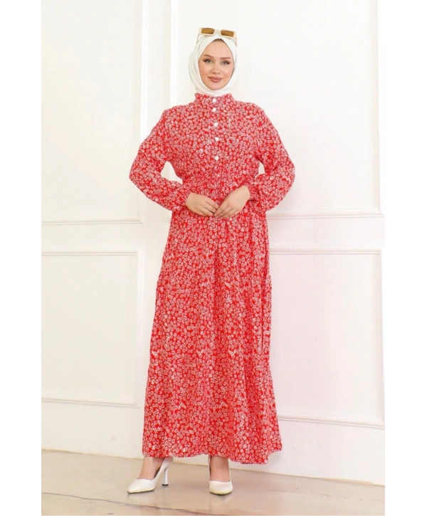 Papatya Desenli Viskon Elbise - Kırmızı