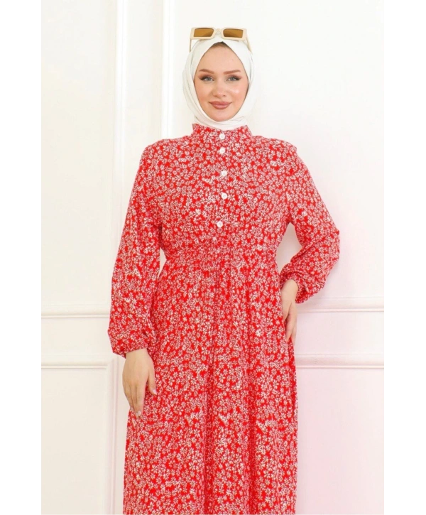 Papatya Desenli Viskon Elbise - Kırmızı