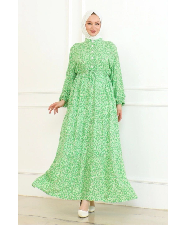 Papatya Desenli Viskon Elbise - Yeşil