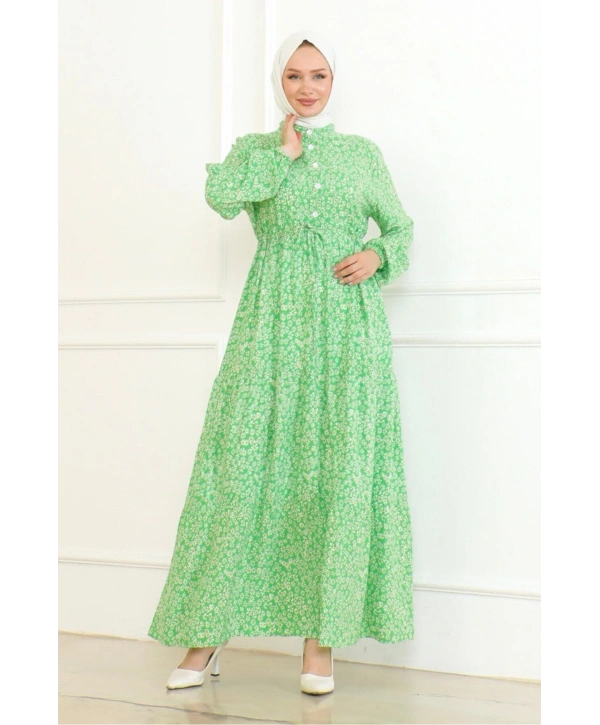 Papatya Desenli Viskon Elbise - Yeşil