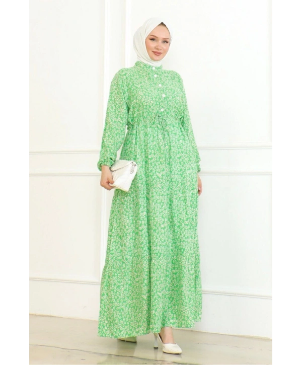 Papatya Desenli Viskon Elbise - Yeşil