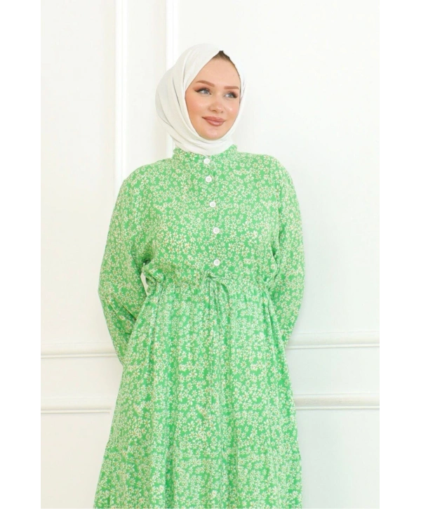 Papatya Desenli Viskon Elbise - Yeşil