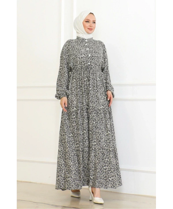 Papatya Desenli Viskon Elbise - Gri