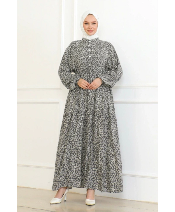 Papatya Desenli Viskon Elbise - Gri