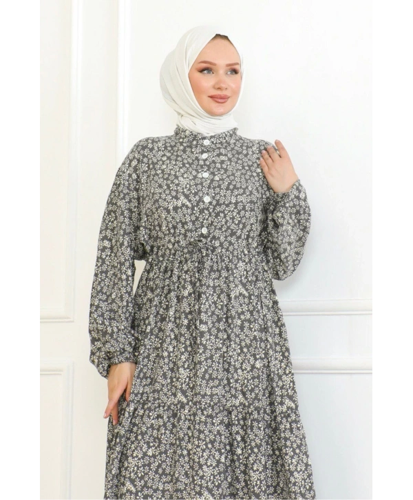 Papatya Desenli Viskon Elbise - Gri