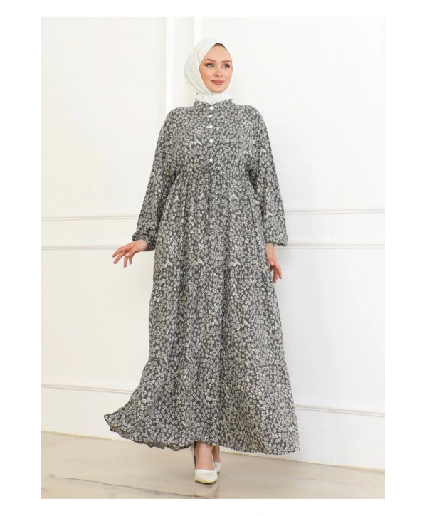Papatya Desenli Viskon Elbise - Gri