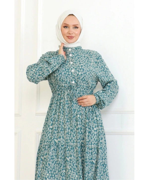 Papatya Desenli Viskon Elbise - Su Yeşili