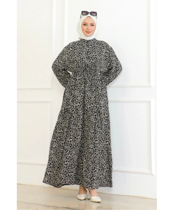 Papatya Desenli Viskon Elbise - Siyah