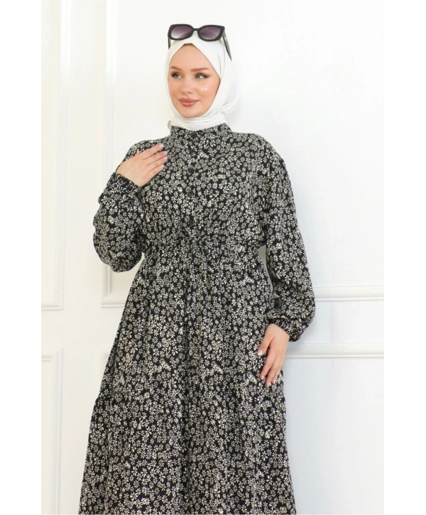 Papatya Desenli Viskon Elbise - Siyah