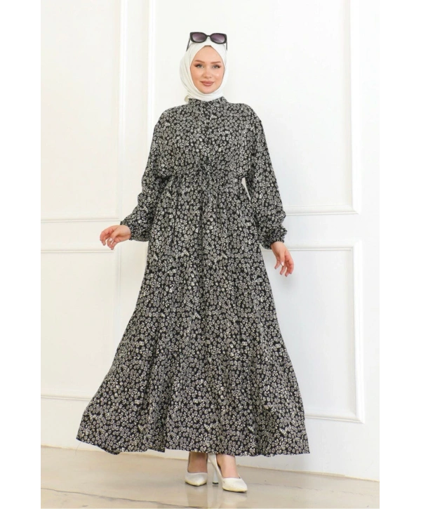 Papatya Desenli Viskon Elbise - Siyah