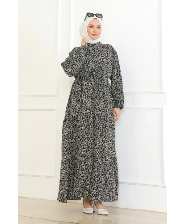 Papatya Desenli Viskon Elbise - Siyah