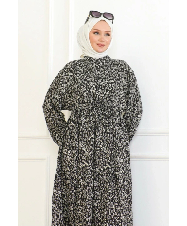 Papatya Desenli Viskon Elbise - Siyah