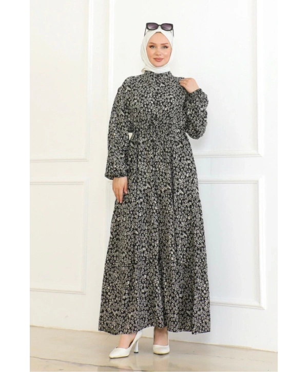 Papatya Desenli Viskon Elbise - Siyah