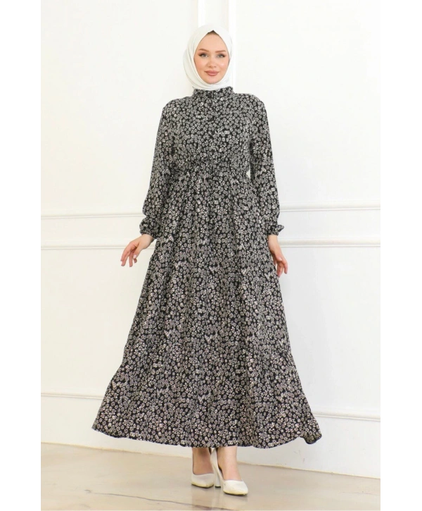 Papatya Desenli Viskon Elbise - Siyah/Pembe detaylı