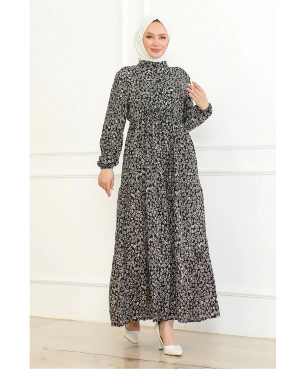 Papatya Desenli Viskon Elbise - Siyah/Pembe detaylı